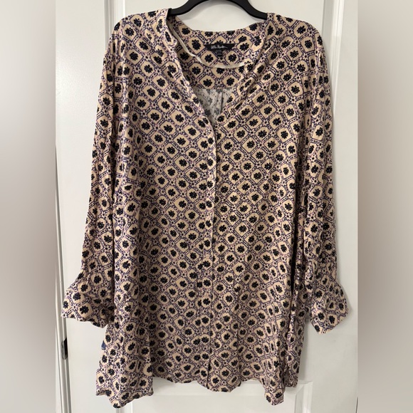 #x1346 - Ulla Popken Tan with Black, Pink & Purple Geo-Floral Tunic Blouse - Picture 1 of 9